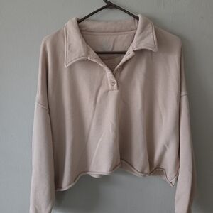 Aerie Button Henley Tan Oversized Cropped Sweatshirt